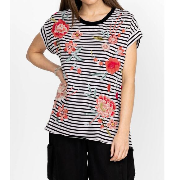 Johnny Was XS Joya Embroidered Floral Striped Tee Crew Neck Short‎ Sleeve Boho - Picture 1 of 10